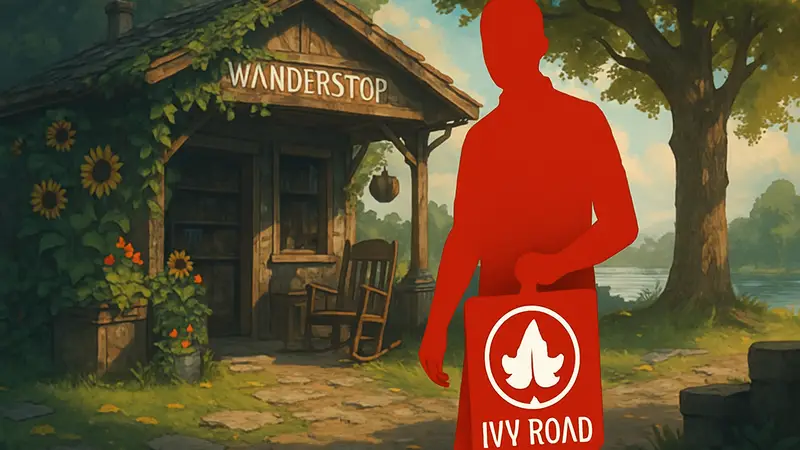 Логотип студии Ivy Road на фоне скриншота игры Wanderstop, символизирующий закрытие из-за нехватки средств.