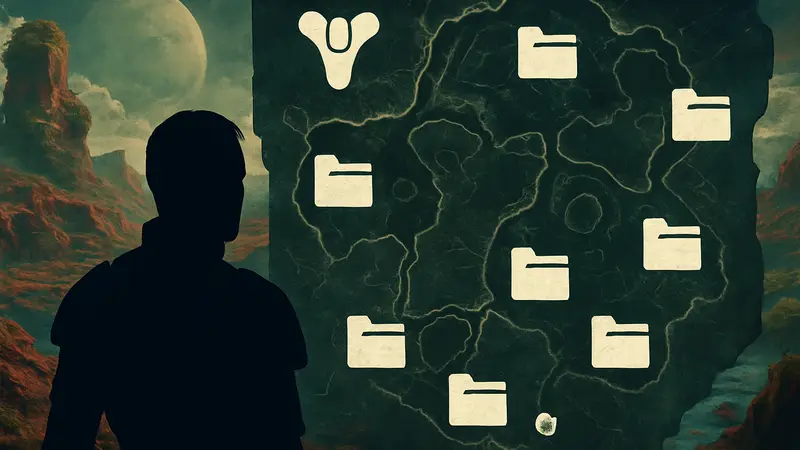 Карта планеты Нессус из Destiny 2 с выделенными маркерами для файлов дела, или значок файла.