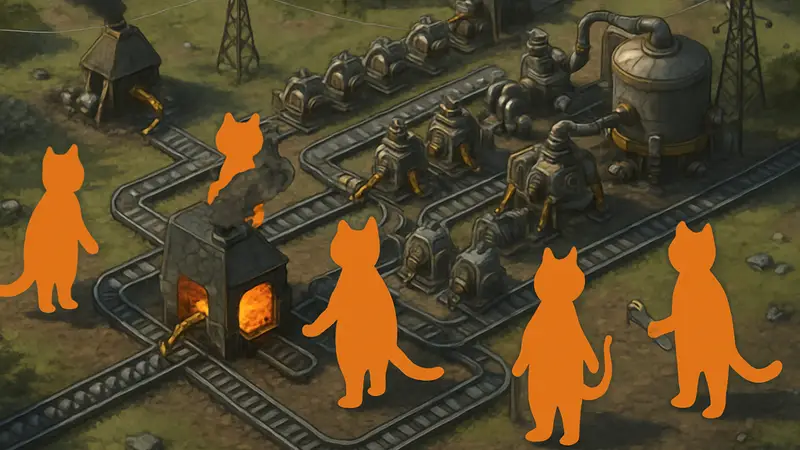 Мурзавод - скриншот из игры, котики-рабочие, производственная цепочка, Factorio-стиль