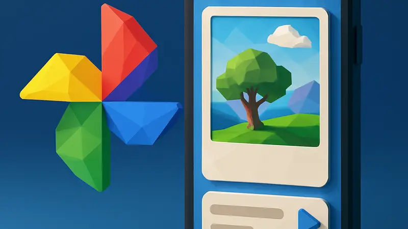 Логотип Google Фото на фоне смартфона, демонстрирующего процесс ИИ-редактирования изображения по текстовому запросу.
