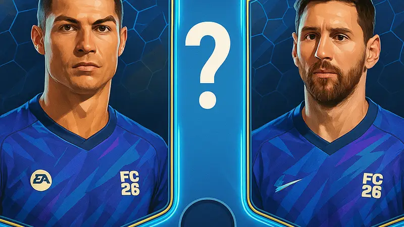 Изображение Криштиану Роналду и Лионеля Месси в форме FC 26 Ultimate Team. Выбор игрока.