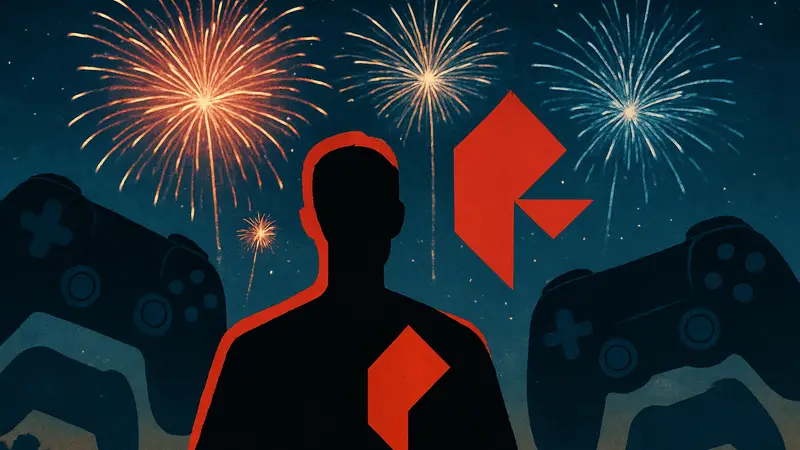 Яркие фейерверки и логотип Polygon на фоне игровых контроллеров, символизирующие острые мнения
