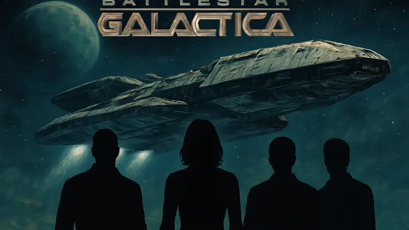 Постер Battlestar Galactica 2004 года с космическим кораблем и актерами.