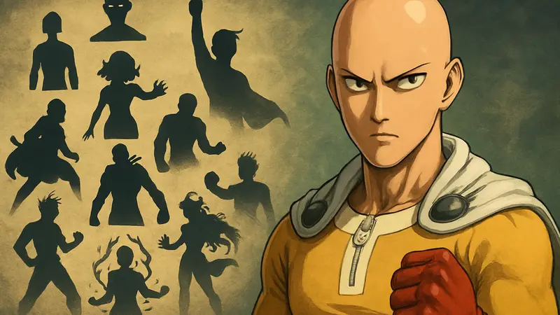 Сайтама из One-Punch Man с героическим выражением лица на фоне списка способностей.