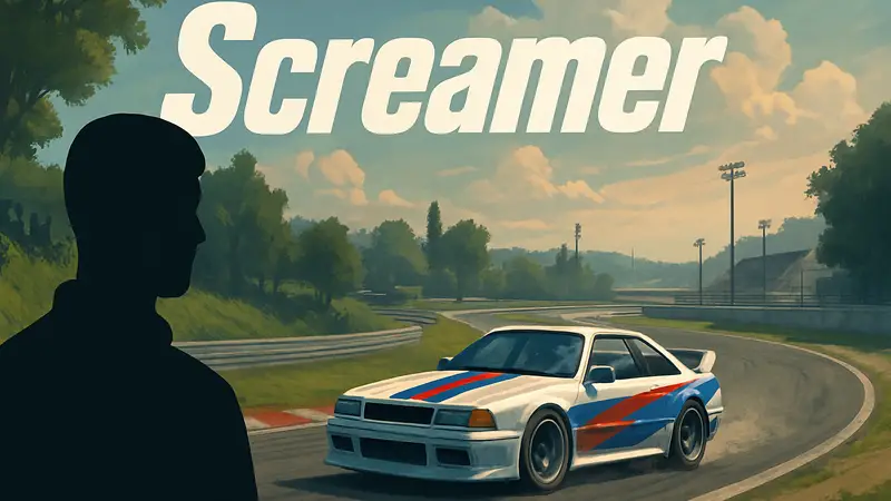 Логотип игры Screamer и гоночный автомобиль на треке, символизирующий возвращение аркадных гонок.