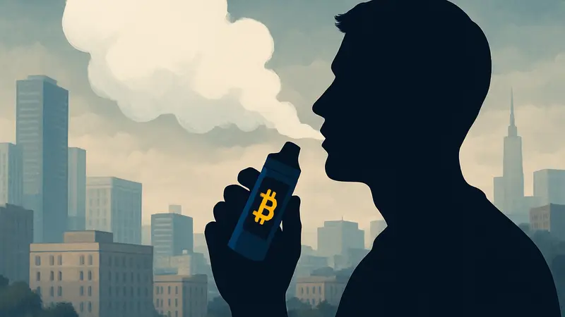 Человек выдыхает пар из AI-вейпа Gudtrip, на экране вейпа отображается логотип Bitcoin.