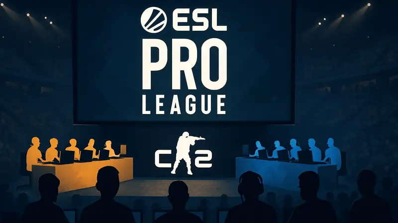 Эмблема ESL Pro League с логотипом CS2 и соревнующимися командами на экране.