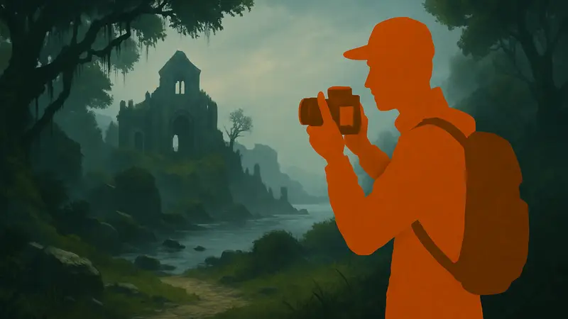 Скриншот из игры Dimhaven The Lost Source, персонаж с камерой на загадочном острове