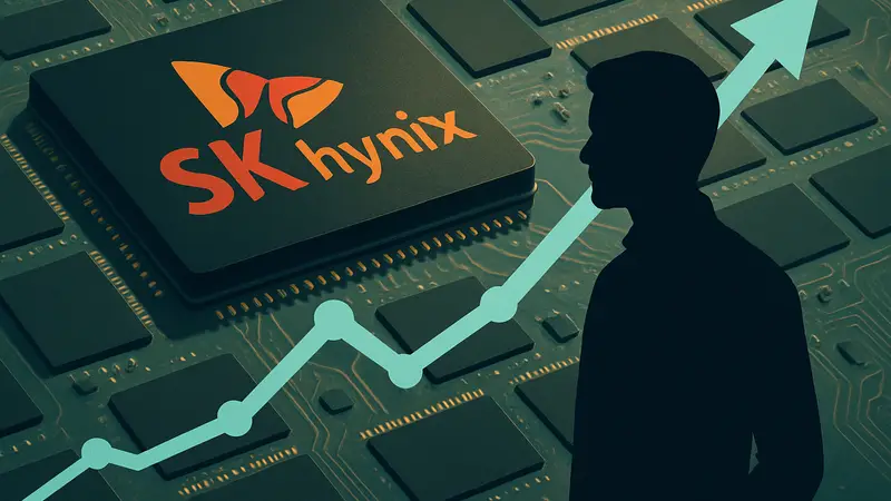 Логотип SK Hynix на фоне чипов памяти и графика роста акций.