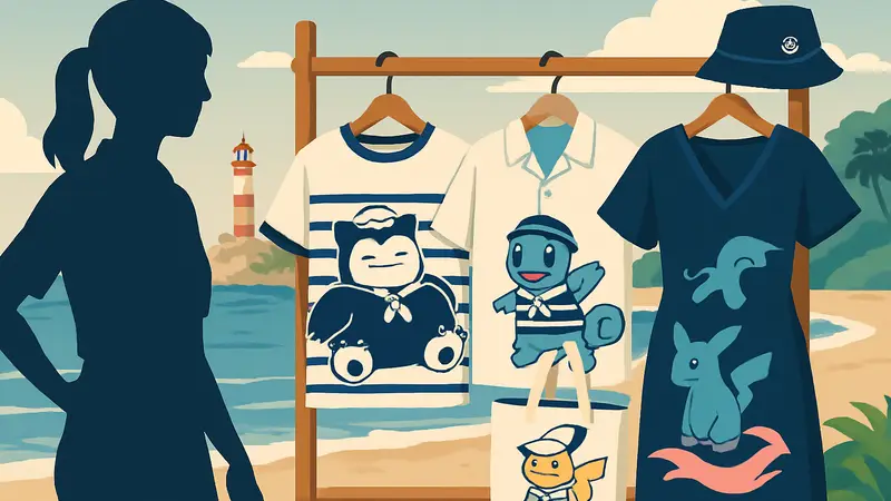 Изображение летней коллекции одежды Pokemon с покемонами в морском стиле