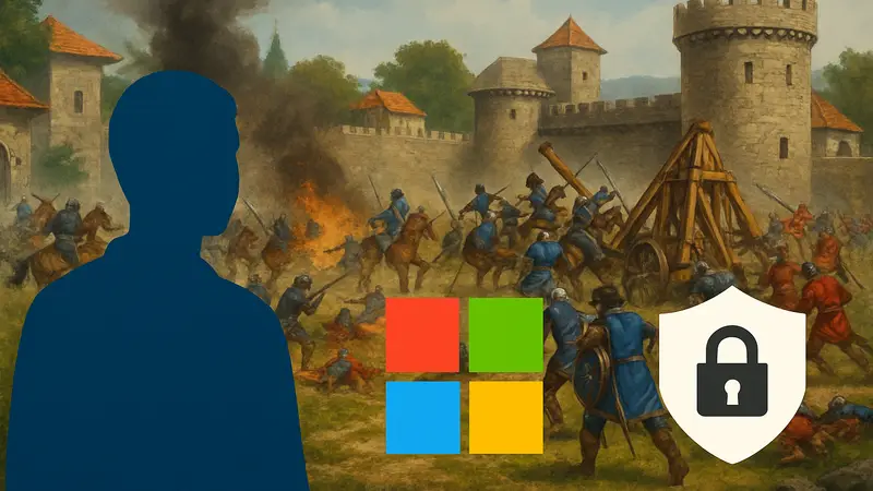 Скриншот из игры Age of Empires II: Definitive Edition, показывающий битву, на фоне логотип Microsoft с информацией о патче безопасности.