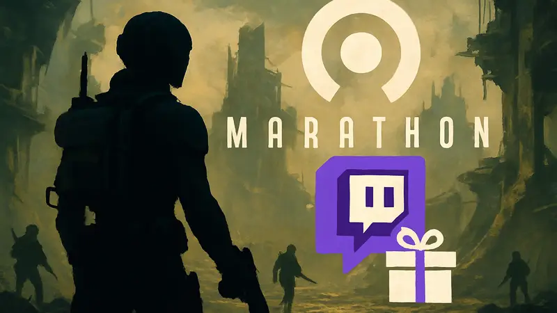 Логотип игры Marathon и иконка Twitch, символизирующая получение игровых наград и бонусов.