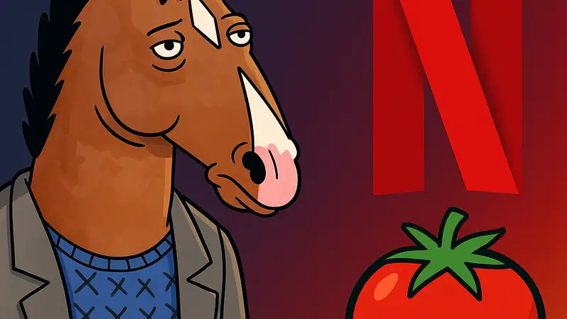 Кадр из мультсериала "Конь БоДжек", логотип Netflix и Rotten Tomatoes.