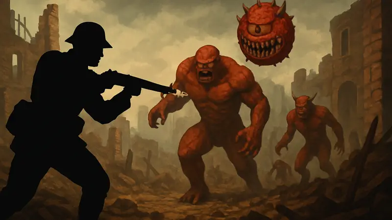 Скрин шот из мода Butcher's Summit для Doom 2, демонстрирующий бойца в стилистике Первой мировой войны против демонов.