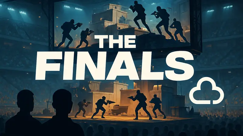 Логотип The Finals на фоне киберспортивного матча, со студией Embark Studios