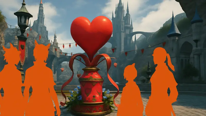 Скриншот из игры Final Fantasy 14 с персонажами и элементом сезонного события.