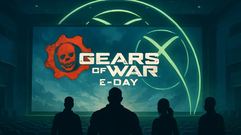 Логотип Gears of War: E-Day на фоне Xbox Games Showcase, символизирующий предстоящий анонс.