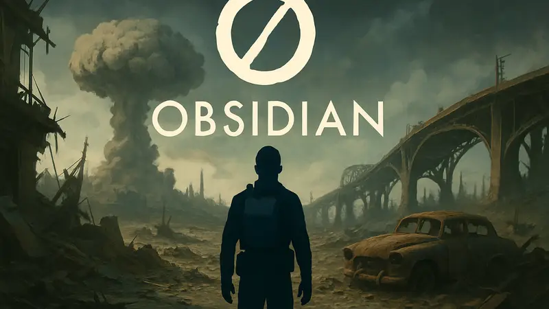 Логотип Obsidian Entertainment на фоне разрушенного мира Fallout, с намёком на новую игру