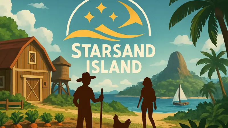 Логотип игры Starsand Island с элементами фермерского симулятора и приключений.