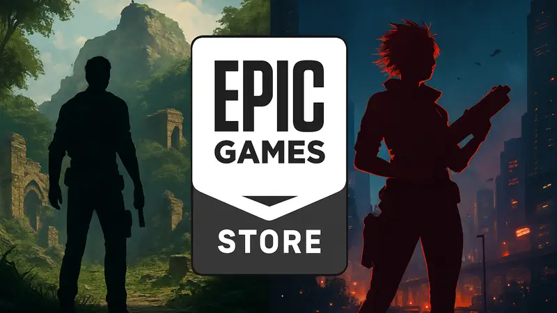 Логотип Epic Games Store с изображениями двух бесплатных игр на заднем плане.
