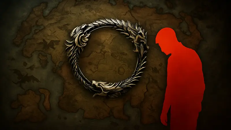 Логотип The Elder Scrolls Online на фоне карты Тамриэля с тревожной атмосферой.