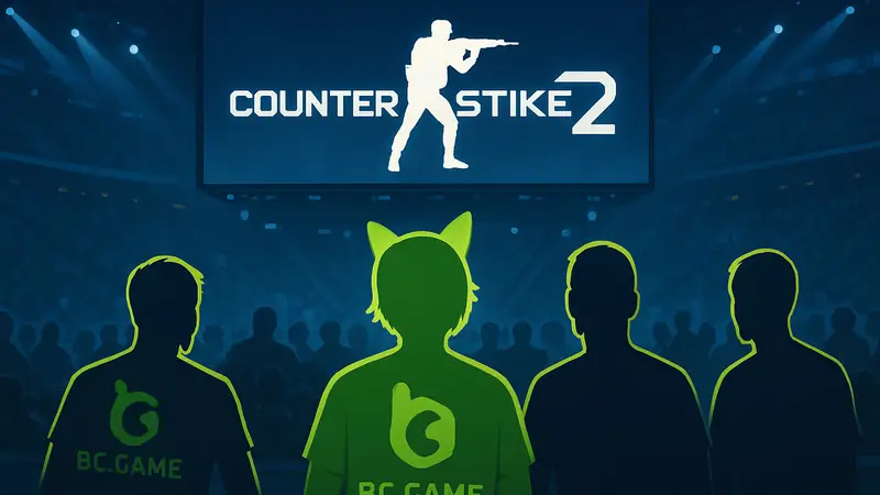 Логотип Counter-Strike 2 и команда BC.Game на фоне киберспортивного турнира