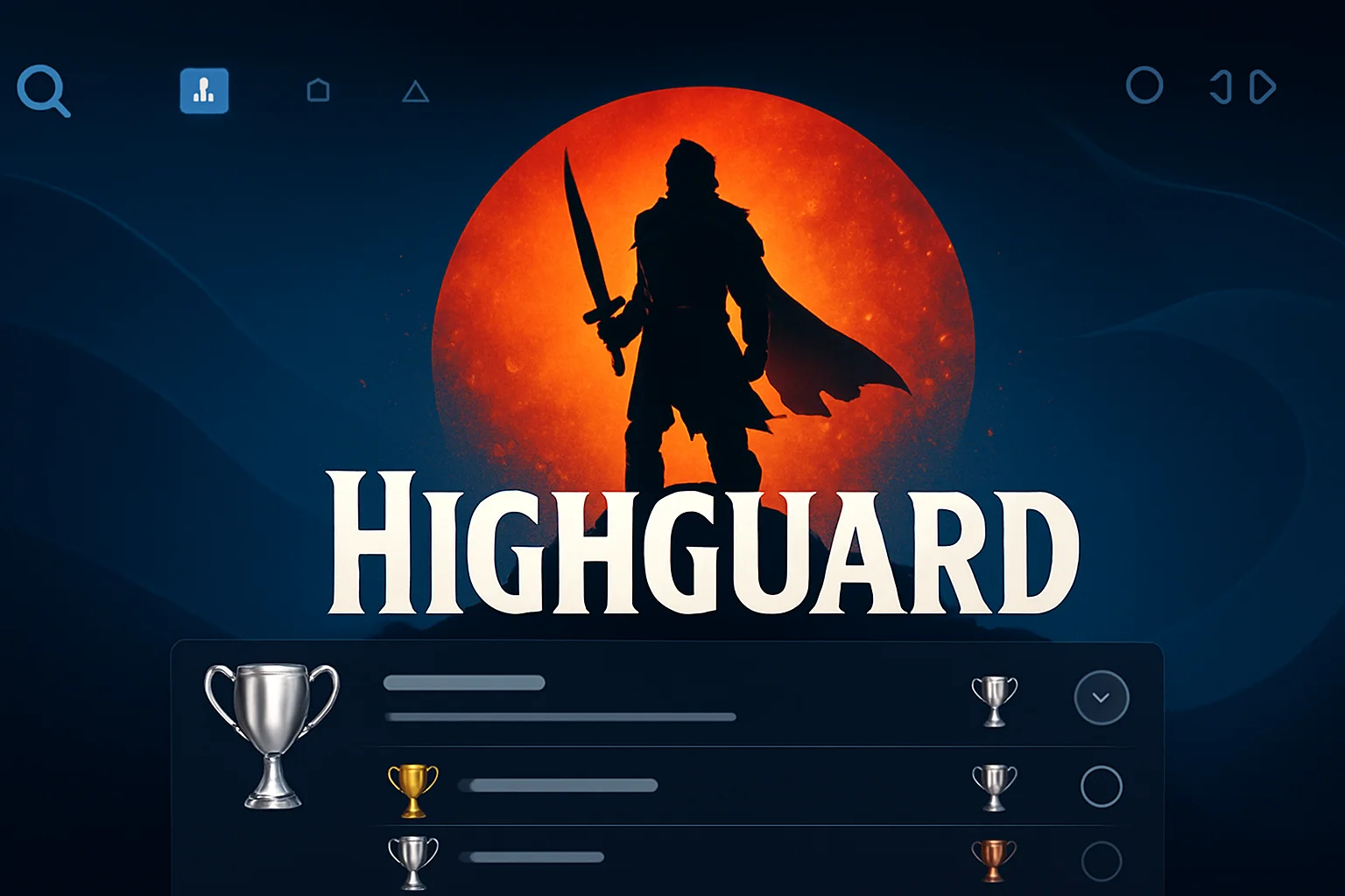 Логотип игры Highguard на фоне интерфейса PlayStation 5 с элементами списка трофеев.