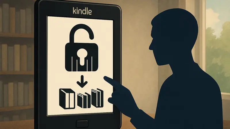 Изображение электронного ридера Amazon Kindle с интерфейсом, символизирующим 'джейлбрейк' и загрузку книг.