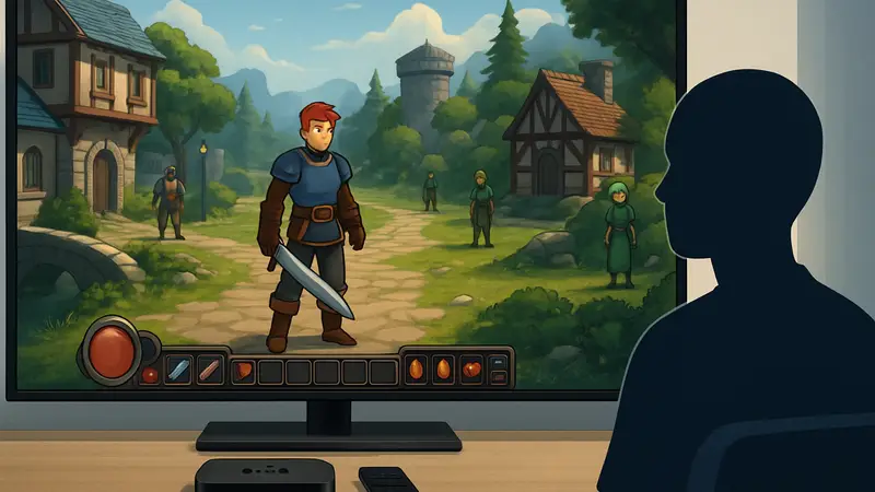 Скриншот MMORPG Eterspire на экране Apple TV, интерфейс игры