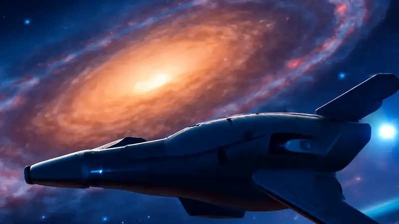 Логотип Mass Effect 5, футуристический космический корабль на фоне галактики, символизирующий новую главу.