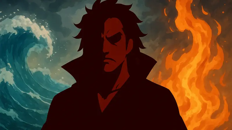 Манки Д. Драгон из One Piece с загадочным выражением лица на фоне стихии.