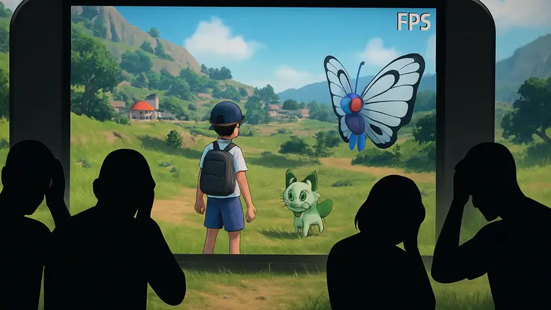 Разочарованные фанаты Pokemon Champions на фоне скриншота с низким FPS