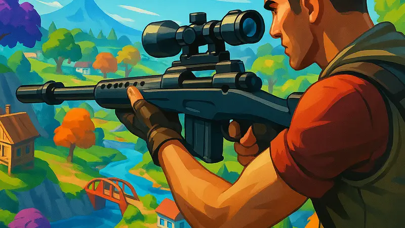 Игрок Fortnite использует снайперскую винтовку на фоне ярких игровых локаций, демонстрируя динамичный геймплей.