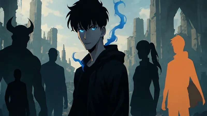 Изображение главного героя аниме Solo Leveling, окруженного другими персонажами сериалов