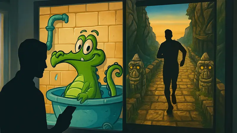 Обложка игры "Where's My Water?" с крокодилом Swampy и игровой скриншот Temple Run.