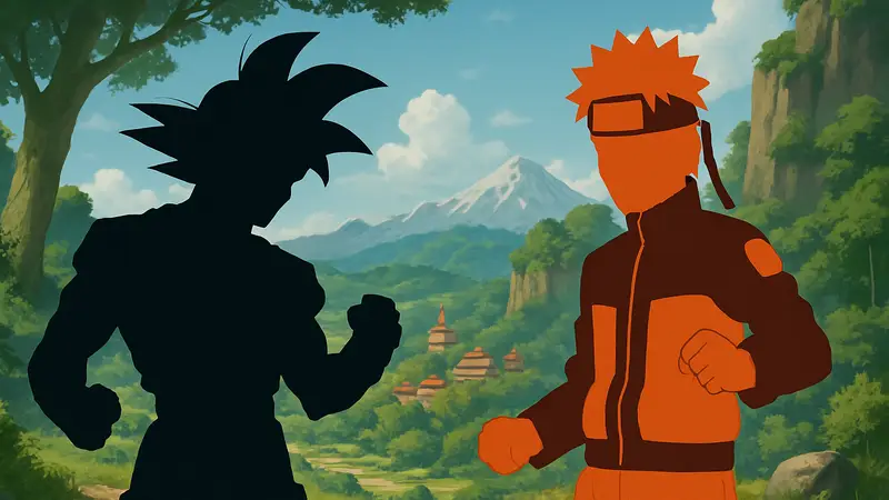 Гоку из Dragon Ball и Наруто Узумаки из Naruto стоят рядом, готовясь к битве, на фоне аниме пейзажа.
