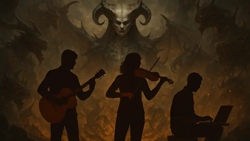 Diablo 4, иллюстрация с персонажами на фоне демонов, символизирующая музыку