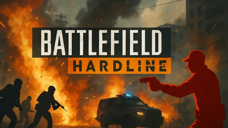 Логотип Battlefield Hardline на фоне взрывов и перестрелок.
