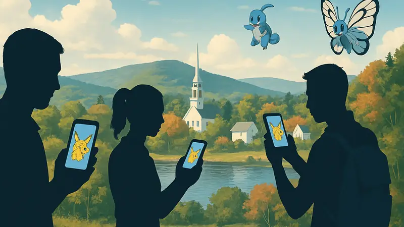 Игроки ловят покемонов в Pokémon Go на фоне реального пейзажа. Дополненная реальность и AR-игры.