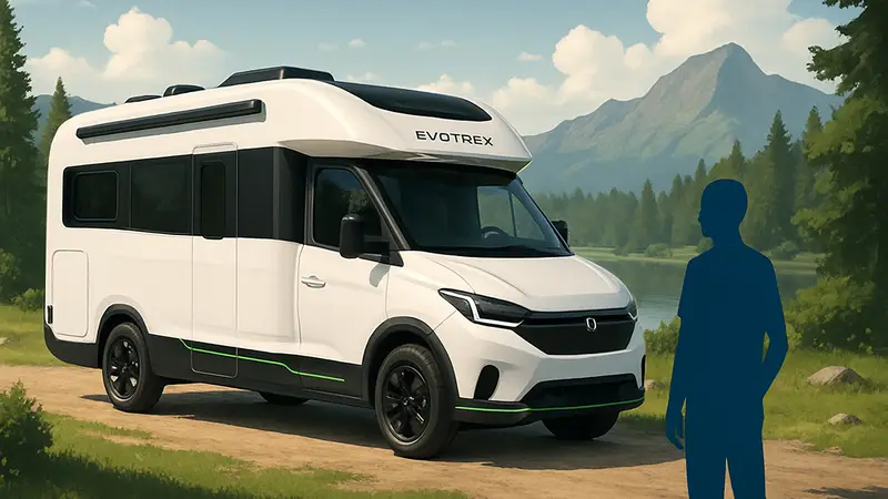 Автономный автодом Evotrex на фоне природы, демонстрирующий независимость от зарядных станций.