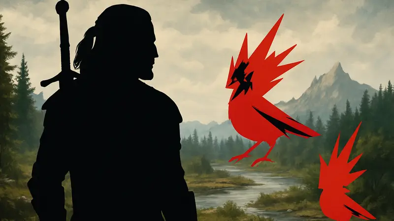 Геральт из Ривии, герой игры Ведьмак 3, на фоне логотипа CD Projekt Red.
