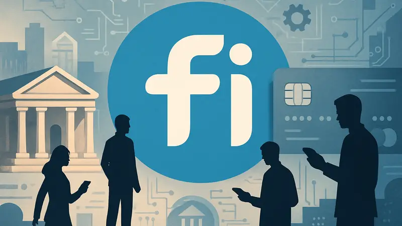 Логотип необанка Fi на фоне, символизирующем банковские услуги и технологии.
