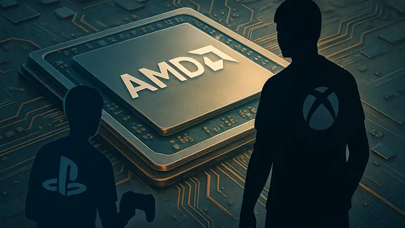 Логотип AMD на фоне микросхемы, символизирующей новые консоли PlayStation 6 и Xbox.