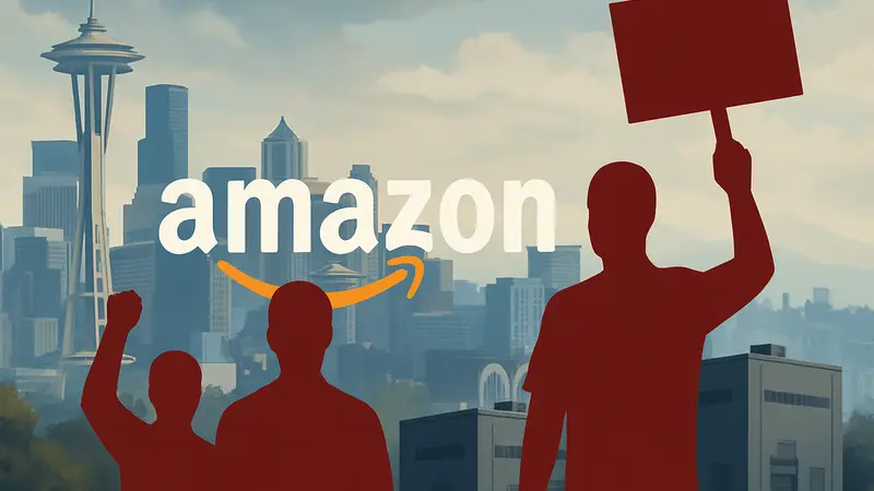 Логотип Amazon на фоне города Сиэтл и дата-центров, символизирующих конфликт и протест.