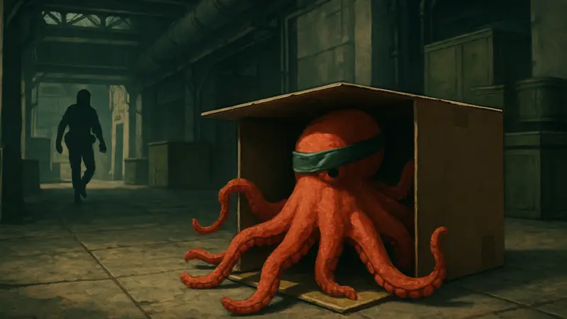 Осьминог в стиле Metal Gear Solid прячется в коробке, демонстрируя геймплей Darwin's Paradox.