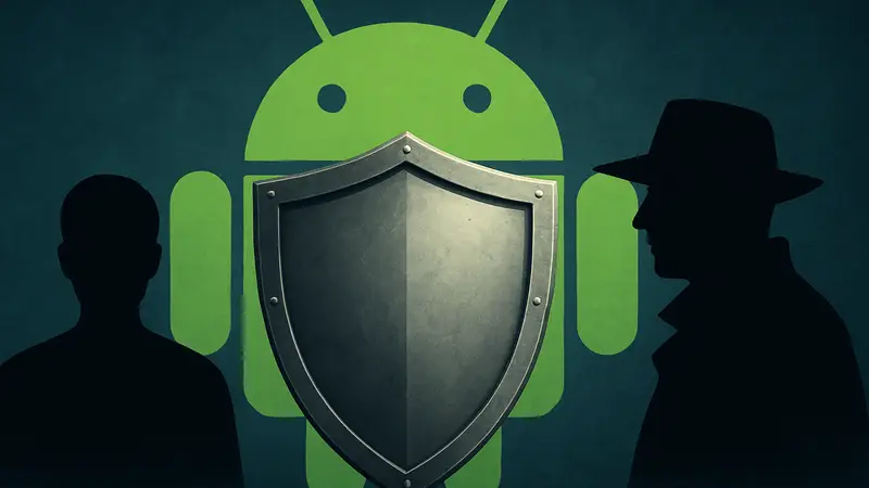 Щит на фоне логотипа Android, символизирующий защиту от шпионских программ.