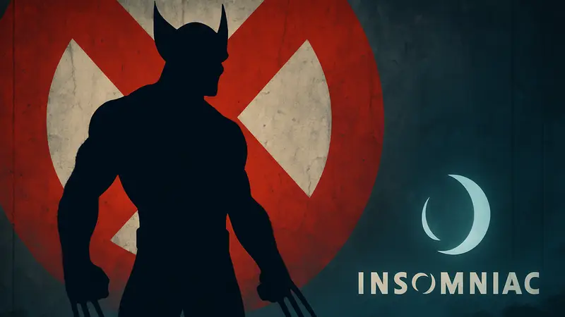 Росомаха на фоне символики Marvel's Wolverine, логотип Insomniac Games