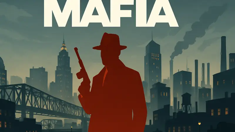 Логотип игры Mafia на фоне силуэтов зданий города, символизирующих криминальный мир.