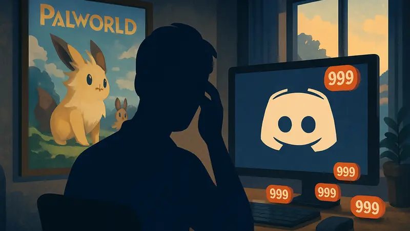 Изображение с символикой Palworld и Discord, показывающее большое количество непрочитанных сообщений