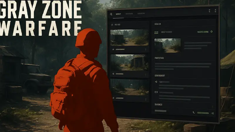 Логотип Gray Zone Warfare и скриншот из игры, показывающий новый интерфейс заданий после обновления.